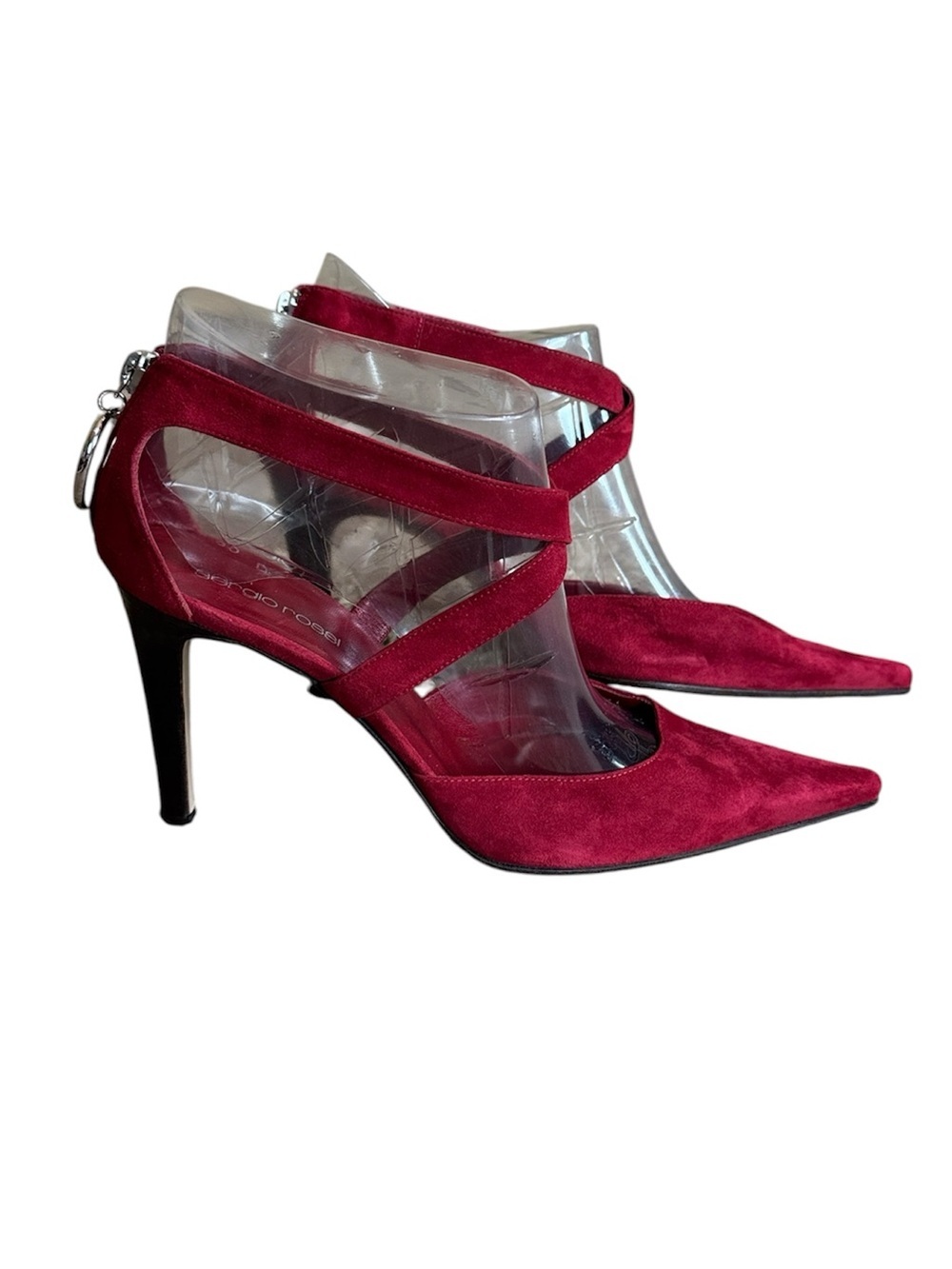Sergio Rossi red Suede Strappy Pointed Toe Heels Back zipper Size 39.5 / 9.5